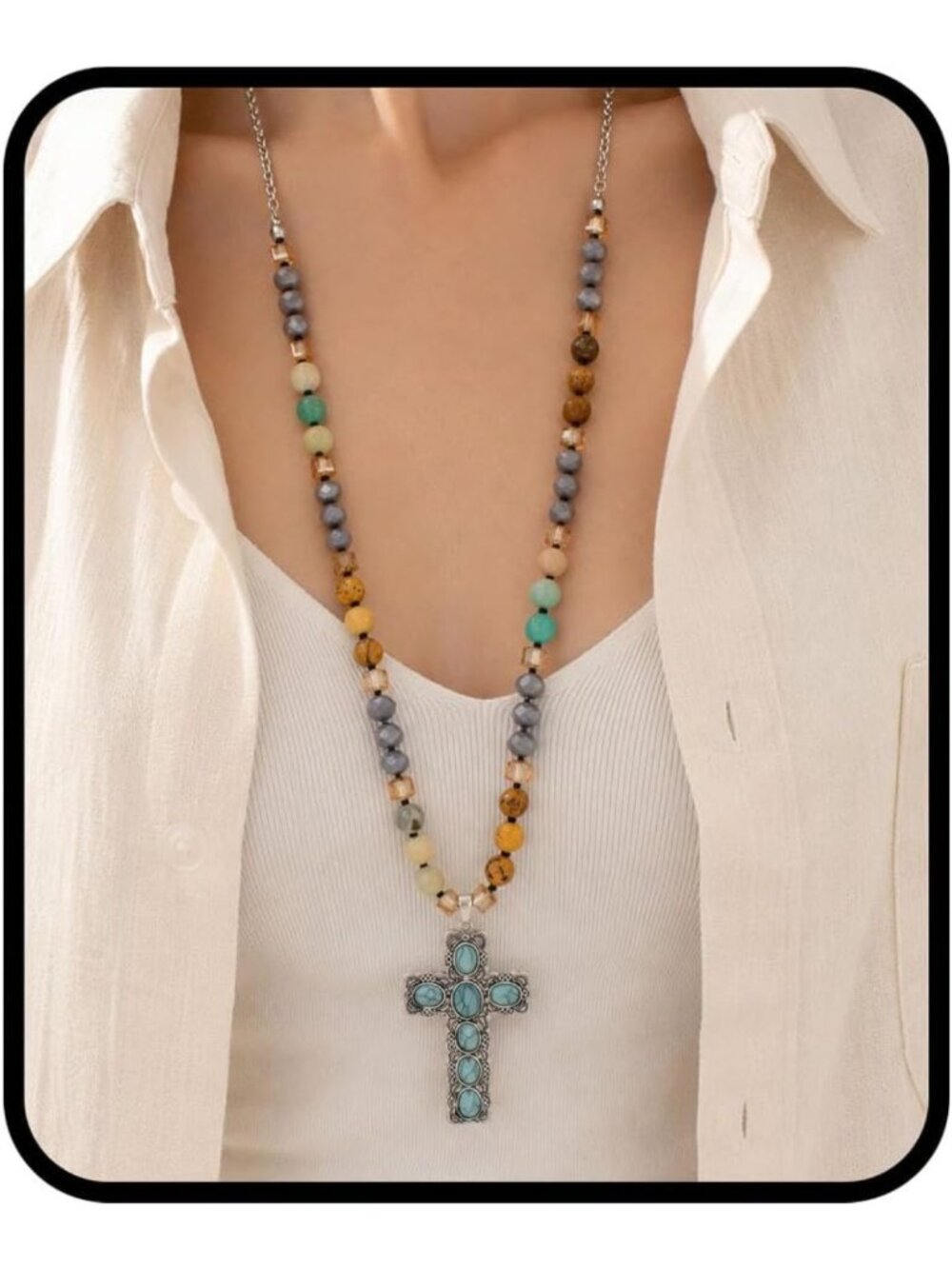 Turquoise Beaded Cross Necklace for Women | Vintage Boho Statement Jewelry